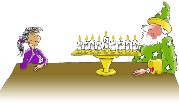 Hannah and the Wizard with a menorah