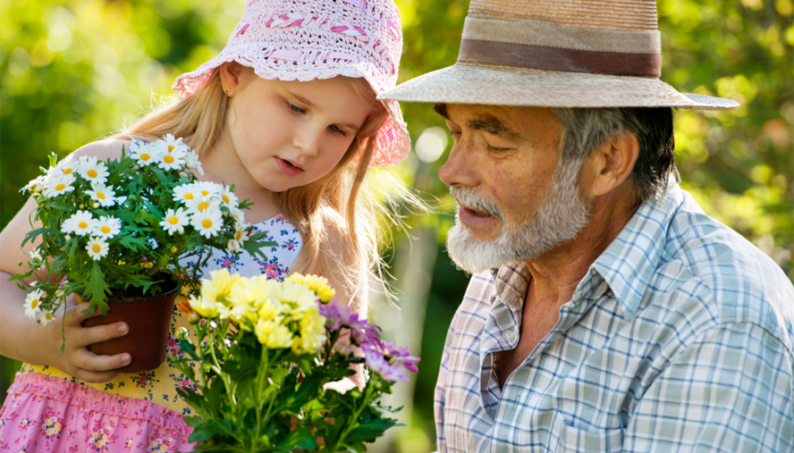 Grandparent and young girl gardening