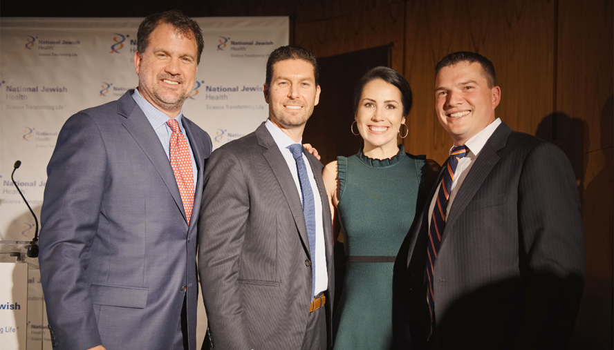 AIR Society Chair Emeritus Roger Silverstein (left) and Co-Chairs Jennifer and Kyle Widay (right) were among the leadership for The Sky’s The Limit Benefit for National Jewish Health honoring Jonathon Yormak (center).