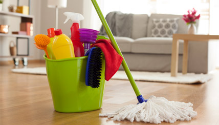 cleaning supplies in a bucket with mop