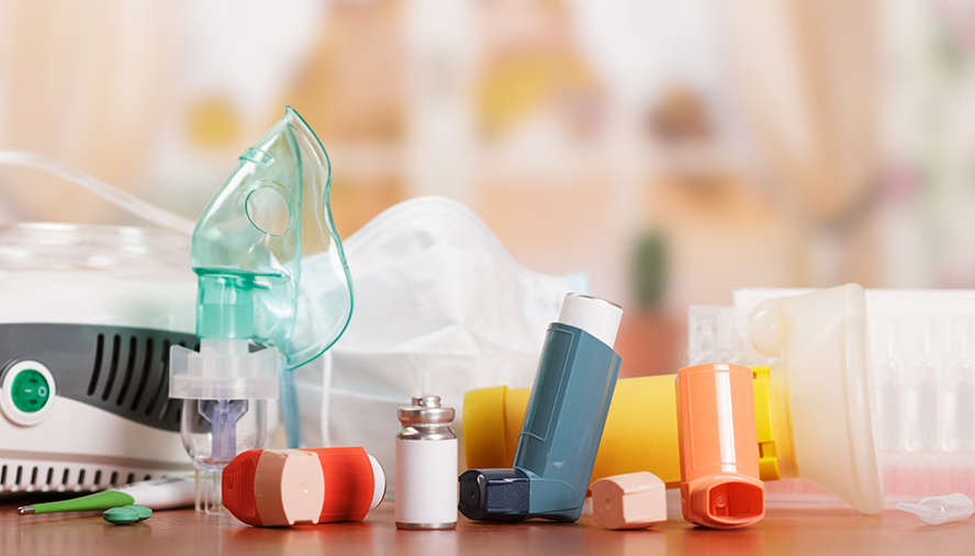 Various inhalers, travel CPAP, and other medical equipment.