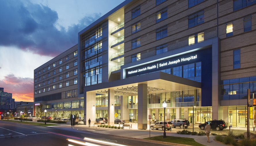 Nighttime picture of the front of the Saint Josephs Hospital