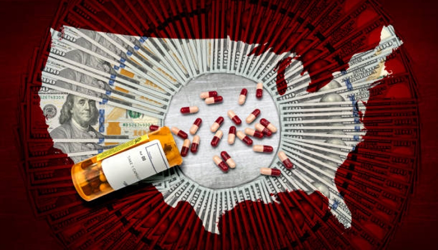 Image of the USA with an overlay of money and medical pills